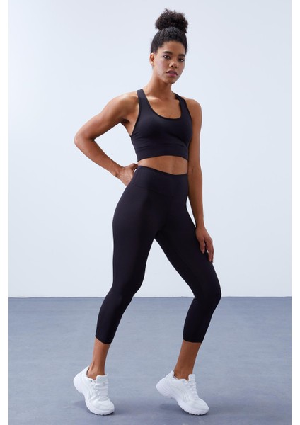 Siyah Yüksek Bel Toparlayıcı Çapraz Sırt Detaylı Slim Fit Kadın Tayt Takım - 95283