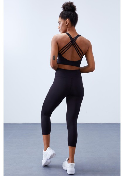 Siyah Yüksek Bel Toparlayıcı Çapraz Sırt Detaylı Slim Fit Kadın Tayt Takım - 95283 indirimleri