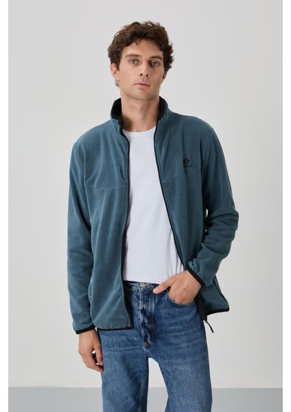Petrol Yazı Nakışlı Dik Yaka Fermuarlı Standart Kalıp Erkek Sweatshirt Polar - 87992 fiyatları