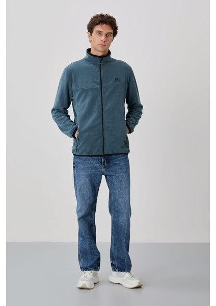 Petrol Yazı Nakışlı Dik Yaka Fermuarlı Standart Kalıp Erkek Sweatshirt Polar - 87992 modelleri