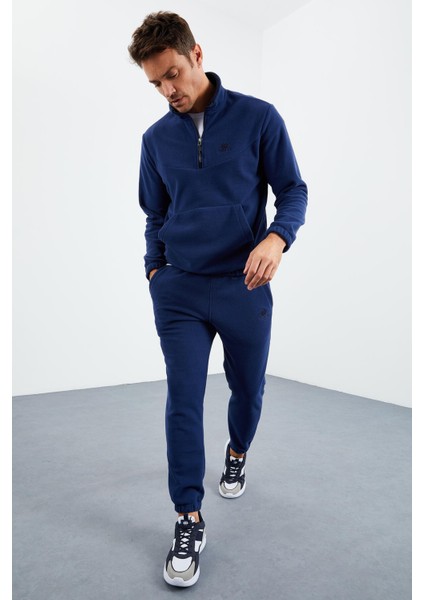 Tommy Life Indigo Erkek Yarım Fermuar Dik Yaka Lastik Paça Polar Eşofman Takımı - 85159