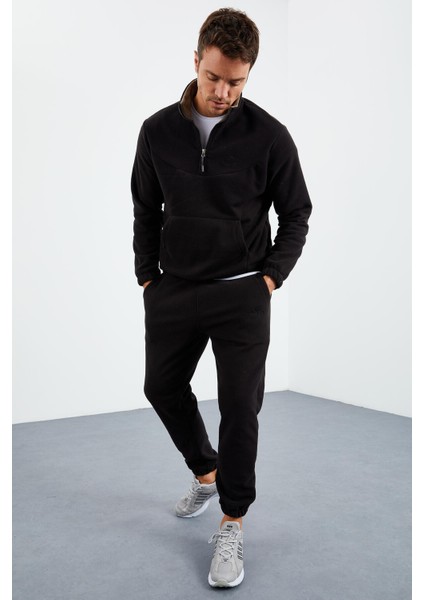 Tommy Life Siyah Erkek Yarım Fermuar Dik Yaka Lastik Paça Polar Eşofman Takımı - 85159