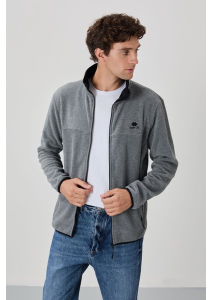 Gri Melanj Yazı Nakışlı Dik Yaka Fermuarlı Standart Kalıp Erkek Sweatshirt Polar - 87992 modelleri