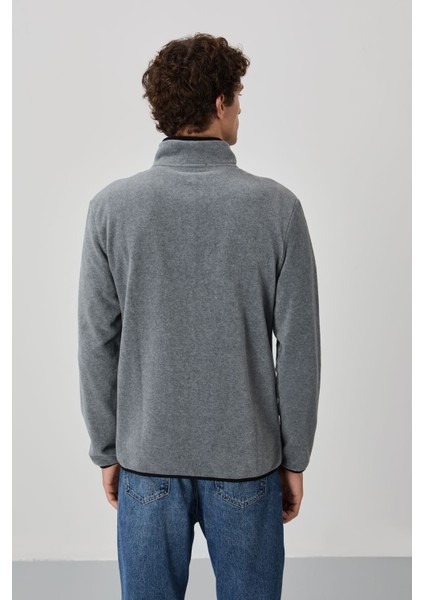 Gri Melanj Yazı Nakışlı Dik Yaka Fermuarlı Standart Kalıp Erkek Sweatshirt Polar - 87992 indirimleri