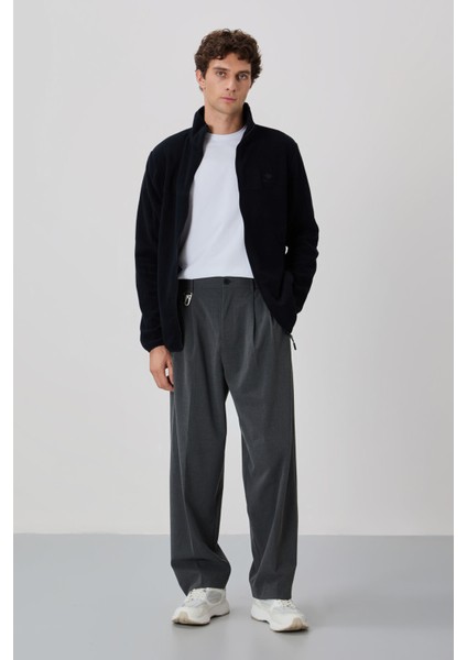 Lacivert Yazı Nakışlı Dik Yaka Fermuarlı Standart Kalıp Erkek Sweatshirt Polar - 87992 modelleri