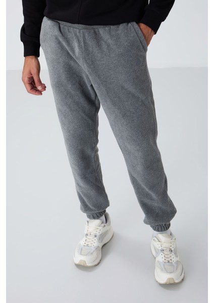 Gri Melanj Gizli Fermuarlı Rahat Form Lastik Paça Polar Erkek Eşofman Alt - 84866