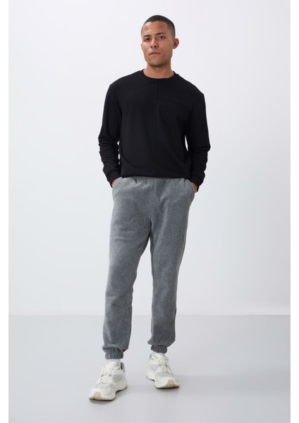 Gri Melanj Gizli Fermuarlı Rahat Form Lastik Paça Polar Erkek Eşofman Alt - 84866 modelleri