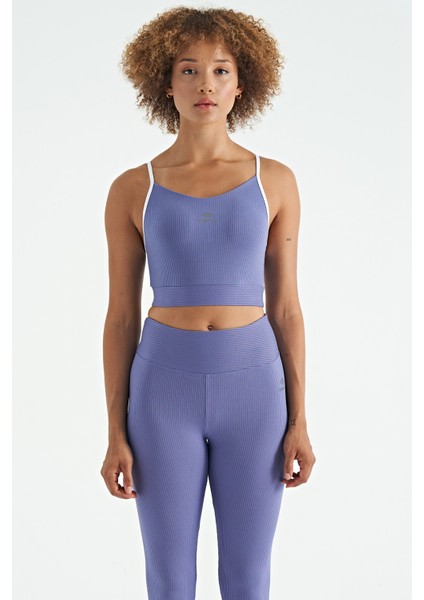 Eflatun Sırt Çapraz Detaylı Logo Baskılı Dar Kalıp Fitilli Kadın Büstiyer - 97274