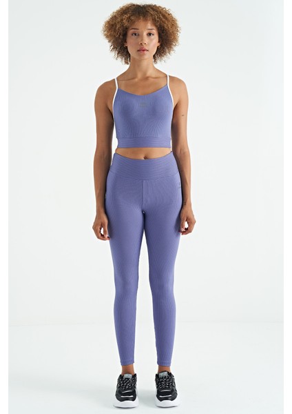 Eflatun Sırt Çapraz Detaylı Logo Baskılı Dar Kalıp Fitilli Kadın Büstiyer - 97274 fiyatları