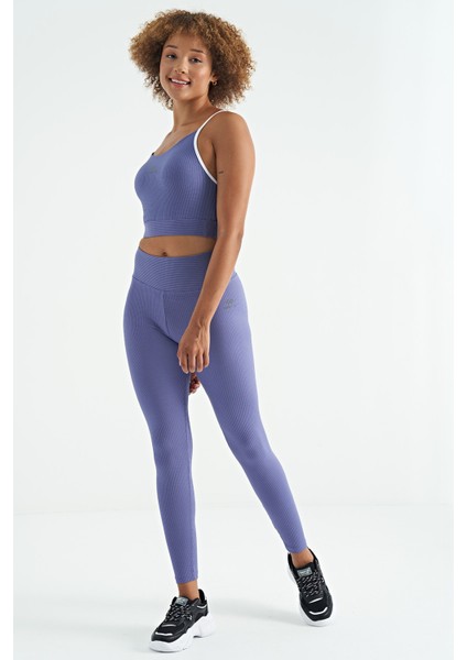 Eflatun Sırt Çapraz Detaylı Logo Baskılı Dar Kalıp Fitilli Kadın Büstiyer - 97274 modelleri