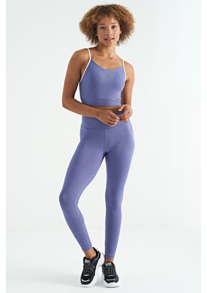 Eflatun Sırt Çapraz Detaylı Logo Baskılı Dar Kalıp Fitilli Kadın Büstiyer - 97274 fırsatları