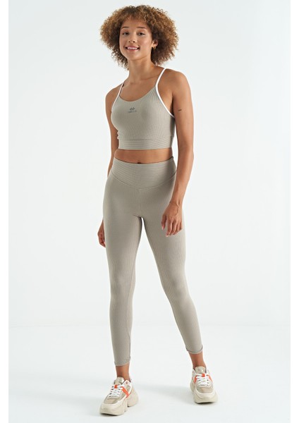 Zeytin Yeşil Sırt Çapraz Detaylı Logo Baskılı Dar Kalıp Fitilli Kadın Büstiyer - 97274 modelleri