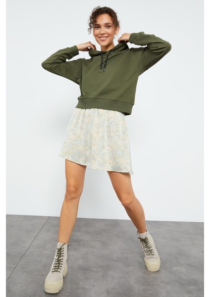 Haki Uzun Kol Rahat Form Kapüşonlu Kadın Sweatshirt - 97115 fırsatları