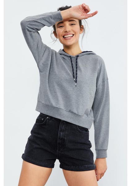 Gri Melanj Uzun Kol Rahat Form Kapüşonlu Kadın Sweatshirt - 97115