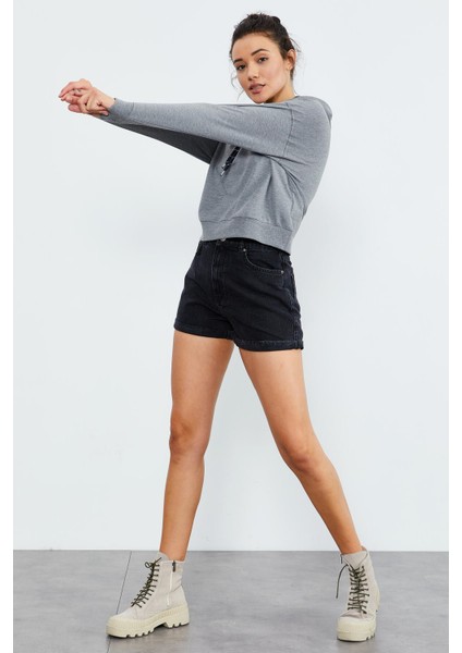 Gri Melanj Uzun Kol Rahat Form Kapüşonlu Kadın Sweatshirt - 97115 fırsatları