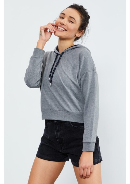 Gri Melanj Uzun Kol Rahat Form Kapüşonlu Kadın Sweatshirt - 97115 indirimleri