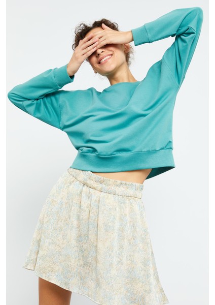 Mint Yeşili Basic Rahat Form O Yaka Kadın Sweatshirt - 97114