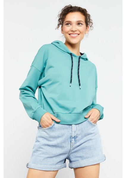 Mint Yeşili Uzun Kol Rahat Form Kapüşonlu Kadın Sweatshirt - 97115