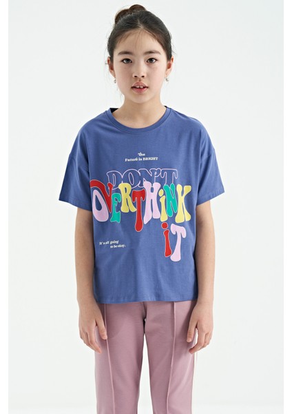 Açık Eflatun Renki Yazı Baskılı O Yaka Oversize Kısa Kollu Kız Çocuk T-Shirt - 75112