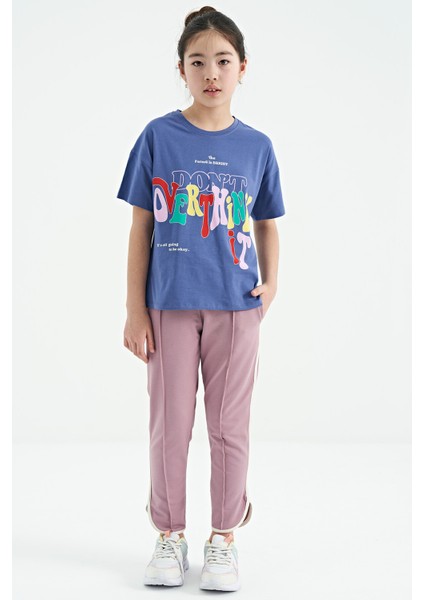 Açık Eflatun Renki Yazı Baskılı O Yaka Oversize Kısa Kollu Kız Çocuk T-Shirt - 75112 fırsatları