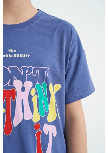 Açık Eflatun Renki Yazı Baskılı O Yaka Oversize Kısa Kollu Kız Çocuk T-Shirt - 75112 indirimleri