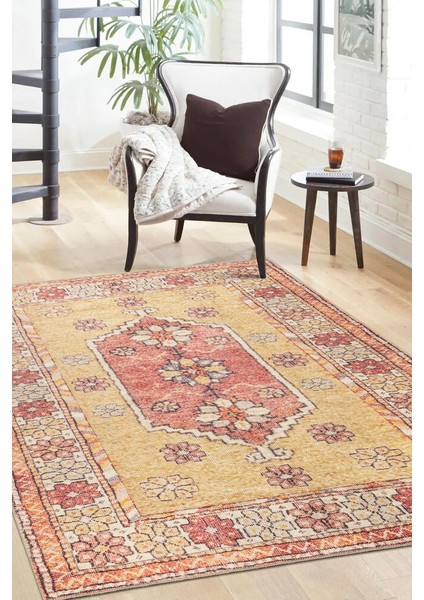 Saint-Paul Çerçeveli Kırmızı Polyester Daire Modern Desenli Pamuk Makinada Yıkanabilir Hav Toz Vermez Leke Tutmayan Kaymaz Taban Dijital Makine Baskı Salon Yolluk Mutfak Halı