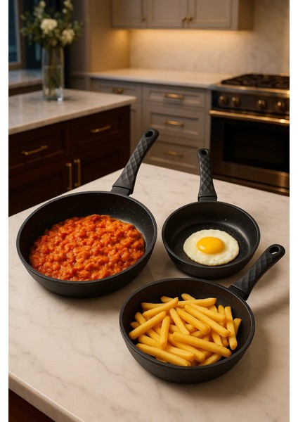 Tava Seti 3 Lü Alüminyum Döküm Granit Kaplama 18 cm 20 cm 22 cm Omlet Kızartma Yemek Tavası