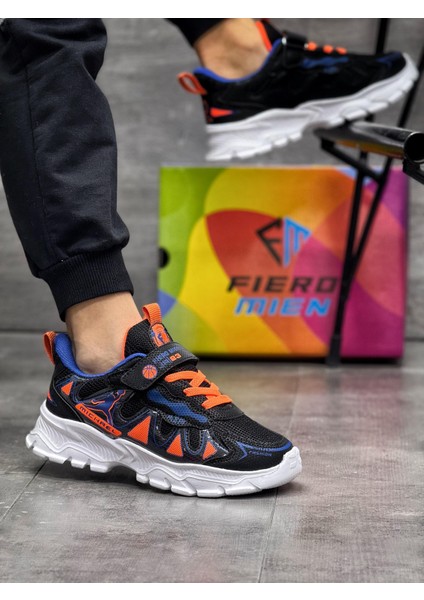 Unisex Bantlı Faylon Taban Çocuk Spor Ayakkabı-Siyah-Oranj