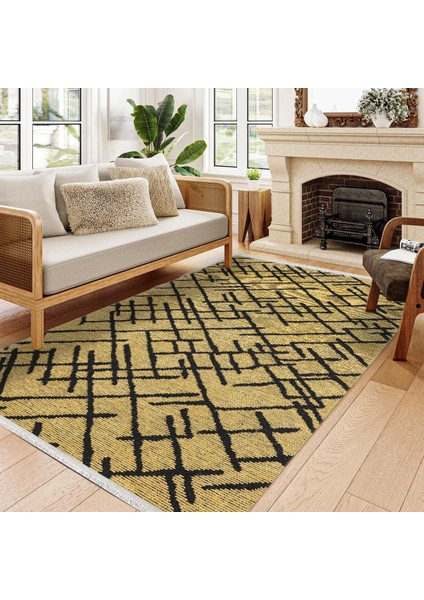 Geometrik Sarı Pamuk Dikdörtgen Modern Desenli Pamuk Makinada Yıkanabilir Hav Toz Vermez Leke Tutmayan Kaymaz Taban Dijital Makine Baskı Salon Yolluk Mutfak Halı fiyatları