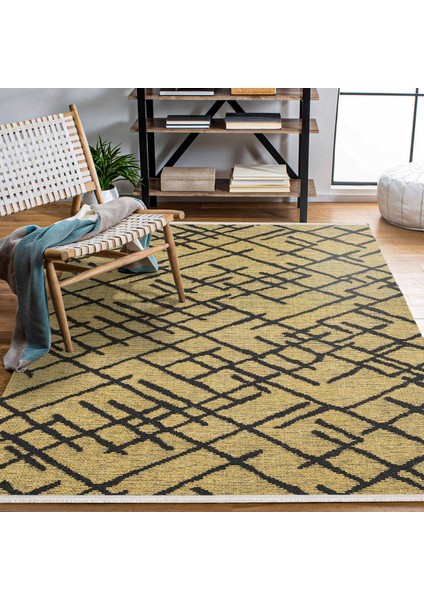 Geometrik Sarı Pamuk Dikdörtgen Modern Desenli Pamuk Makinada Yıkanabilir Hav Toz Vermez Leke Tutmayan Kaymaz Taban Dijital Makine Baskı Salon Yolluk Mutfak Halı fırsatları