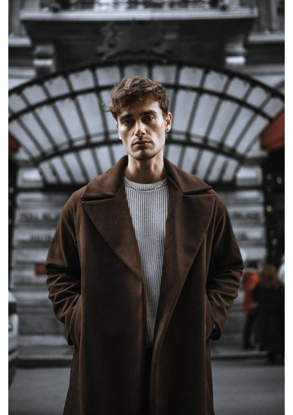 Oversize Rahat Kesim Uzun Erkek Kaşe Kaban Palto Kahve