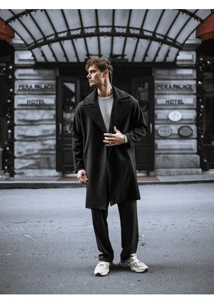 Oversize Rahat Kesim Uzun Erkek Kaşe Kaban Palto Siyah fiyatları