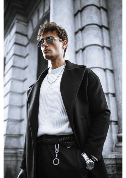 Oversize Rahat Kesim Uzun Erkek Kaşe Kaban Palto Siyah modelleri