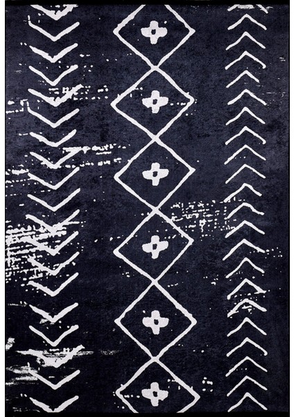 Balasov Siyah Modern Etnik Desenli Makinada Yıkanabilir Hav Toz Vermez Leke Tutmayan Kaymaz Taban Dijital Makine Baskı Salon Yolluk Mutfak Halı