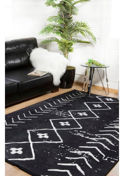 Balasov Siyah Modern Etnik Desenli Makinada Yıkanabilir Hav Toz Vermez Leke Tutmayan Kaymaz Taban Dijital Makine Baskı Salon Yolluk Mutfak Halı fırsatları