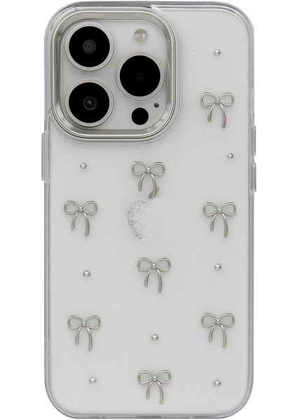 Trend iPhone 16 Uyumlu Kılıf Fiyonk Desenli Şeffaf Simli Gümüş Kamera Çıkıntılı Çok Şık Kapak (IPHONE_16E)