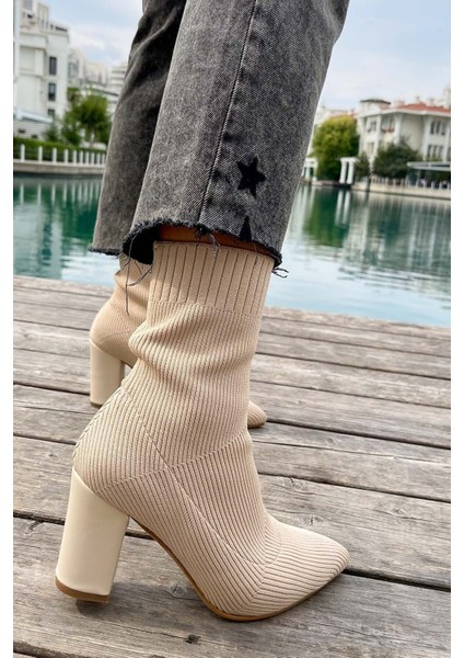 Günlük Kadın Streç Triko Kalın Yüksek Topuklu Bot Bootie Çorap Şeritli Sivri Burun Ayakkabı 167 modelleri