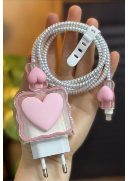 Aksesuar iPhone 18/20 W Şarj Cihazı ile Uyumlu 5 Parça Şarj Koruma Seti Kalp Model - Pembe