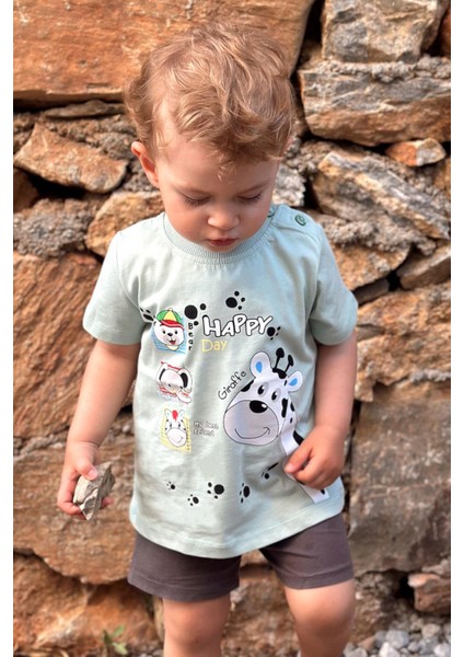 Erkek Bebek Tişört Sevimli Hayvancıklar Baskılı 9 Ay-3 Yaş, Mint Yeşili