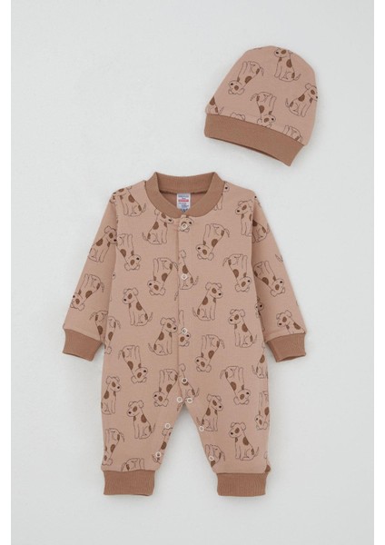 Erkek Bebek Tulum Sevimli Köpekçik Desenli 0-6 Ay, Açık Kahverengi
