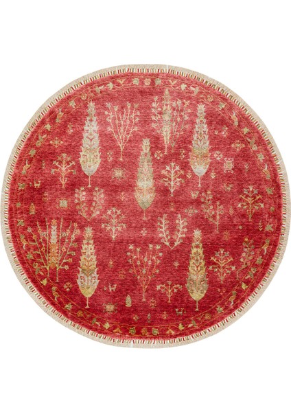 Çiçekli Kırmızı Tensel Daire Modern Desenli Akrilik Hav Vermeyen Leke Tutmayan Kolay Temizlenen Yumuşak Makine Salon Yolluk Mutfak Halı