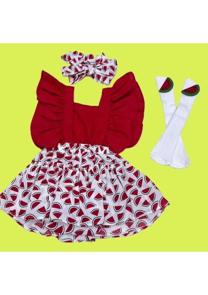 Kız Bebek Karpuz Desenli Salopet Bandana ve Keçeli Çorap 3'lü Set modelleri