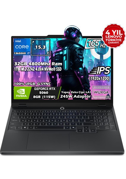 Legion 5 15IRX10 Intel Core I7 13650HX 32GB 1tb SSD Rtx 5060 (115W) 15.3" Wuxga (1920X1200) IPS Panel Freedos Taşınabilir Bilgisayar 83LY00AXTRH1