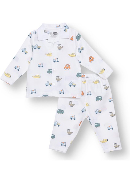 Erkek Bebek Uzun Kol Pijama Takımı Düğmeli Bebe Yaka Reçme Paça