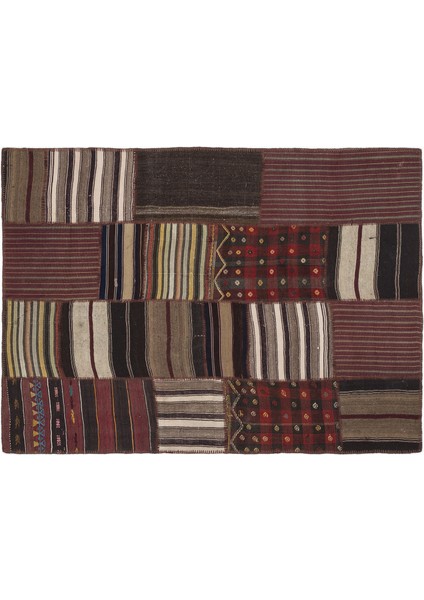 Kırmızı Patchwork Etnik Modern Desenli Yün Hav Toz Vermez Leke Tutmayan Salon Yolluk Mutfak El Dokuma Halı