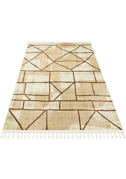 Pranesh Bej Geometrik Etnik Modern Desenli Bambu Makinada Yıkanabilir Hav Toz Vermez Leke Tutmayan Kaymaz Taban Dijital Makine Baskı Salon Yolluk Mutfak Halı fiyatları