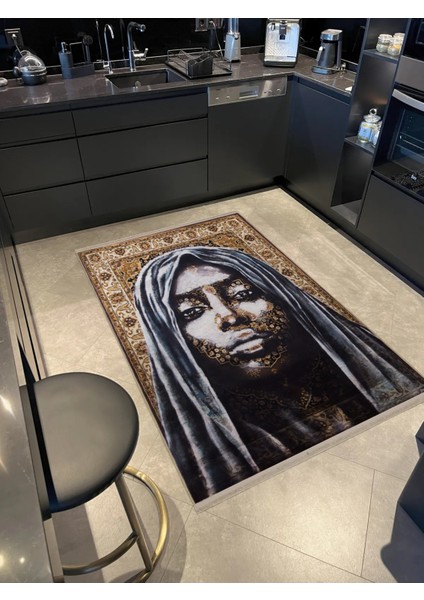 Drom Dokuma Taban Makinede Yıkanabilen Kilim Kaymaz Şönil Soyut Portre Desenli Etnik Halı fiyatları
