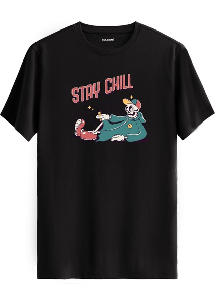 Stay Chill Iskelet Karakter Baskılı Sokak Stili %100 Pamuk Tişört