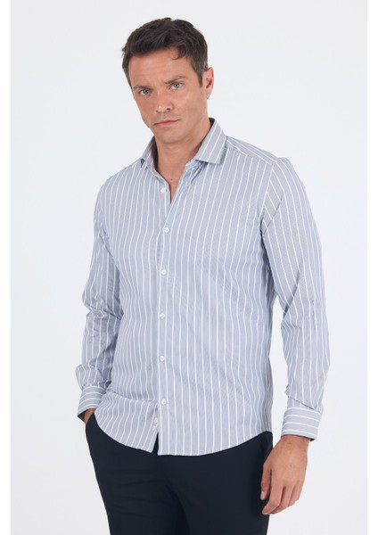 Koyu Lacivert Uzun Kol Yarım Italyan Yaka Cepsiz Easy To Iron Slim Fit Esnek Gömlek 1004250227