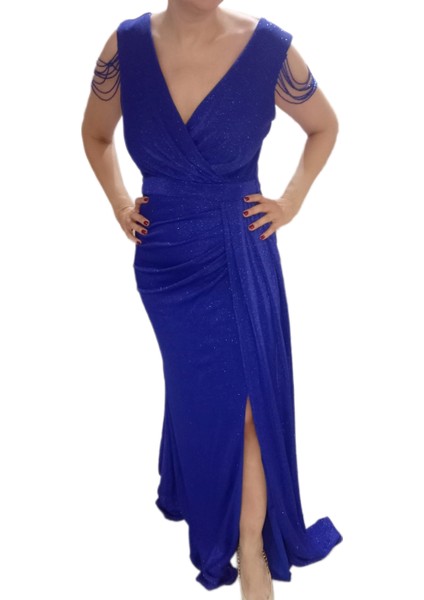 Saks Mavi Büyük Beden Omzu Boncuk Detaylı Kruvaze Yaka Boydan Balık Abiye Elbise fırsatları